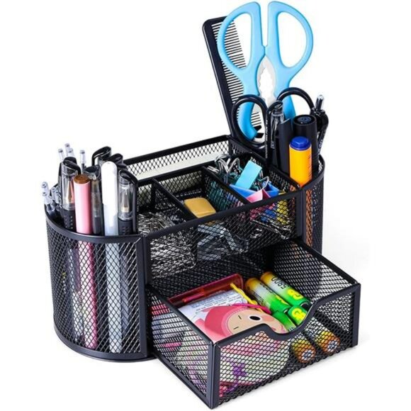Black mesh pen holder desk organizer with drawer pencil and marker storage caddy - Picture 8 of 8